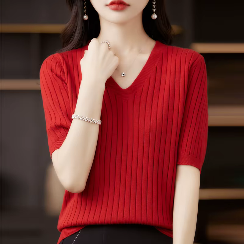 Pull femme printemps été manches courtes col en v chemise en tricot décontracté coréen pulls rayure