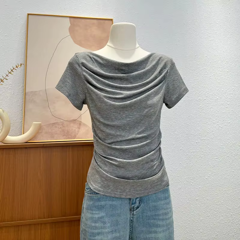 T-shirt drapé à col bénitier et manches courtes pour femme, en modal, coupe ajustée, taille froncée, élégant et décontracté, idéal comme sous-vêtement.