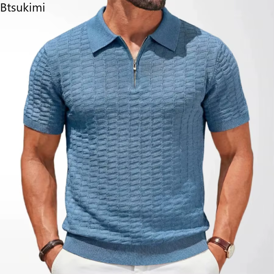 Nouveaux Polos Homme Décontractés Coupe Slim Été Couleur Unie Tricotés Pulls Vintage Manches Courtes Texturés
