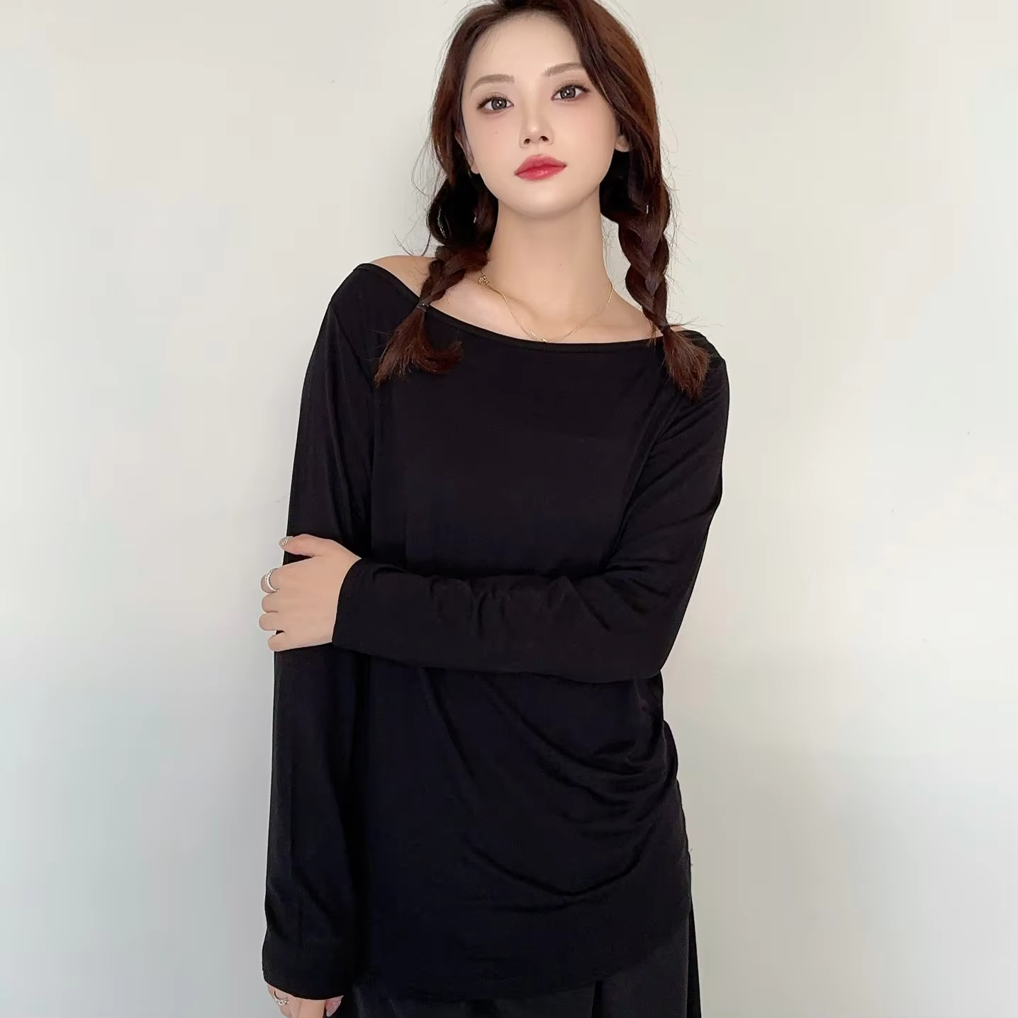 Modal col bateau t-shirts manches longues femmes coupe ajustée T-Shirt couleur unie couche de Base haut maillot de