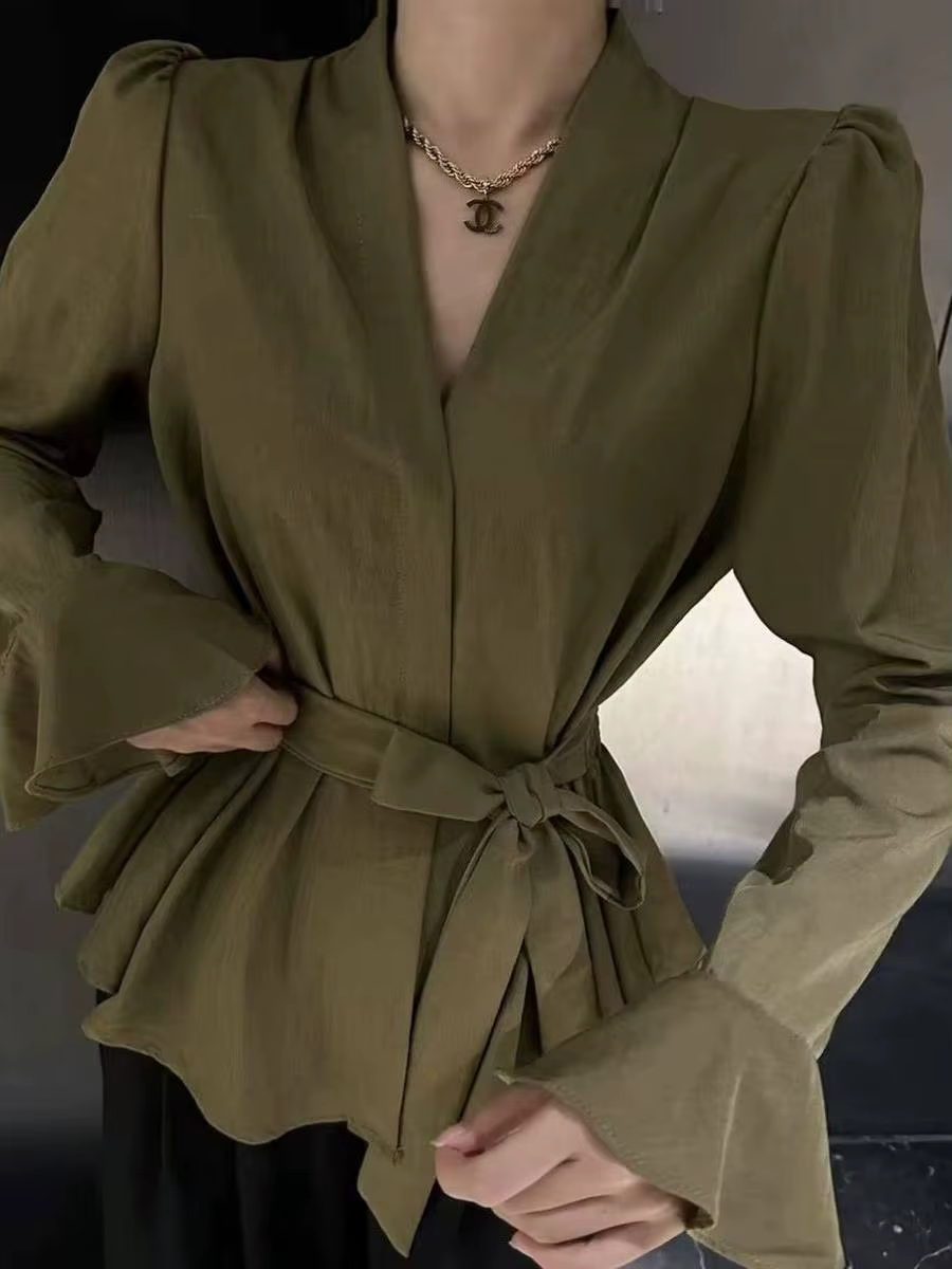 Chemisiers et chemises bordeaux pour femmes, style coréen vintage Y2k Gyaru, chemisier à manches longues et col en V, chemise à manches évasées tendance, automne