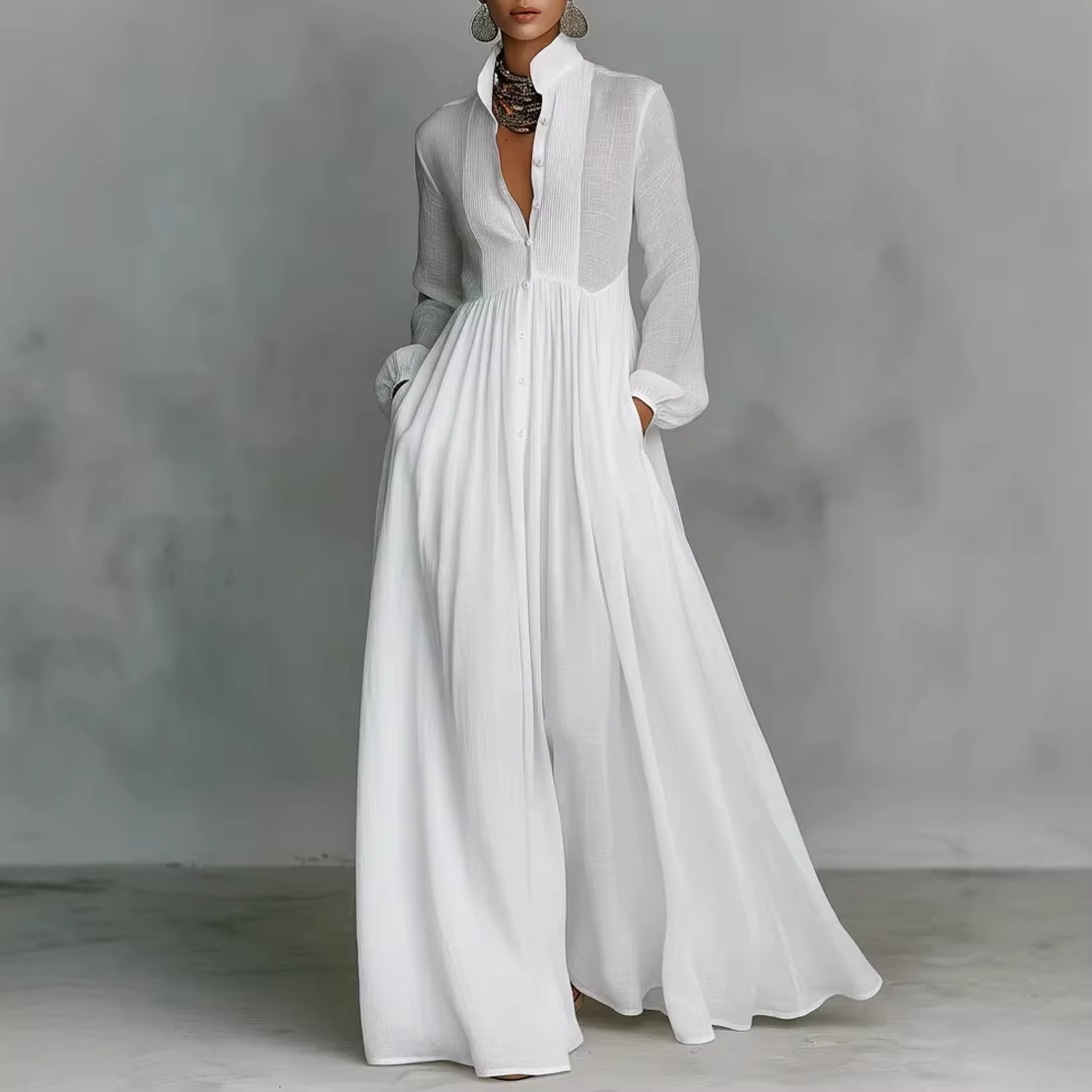 Robe longue élégante pour femmes, automne-hiver 2025, manches longues, robe maxi blanche décontractée
