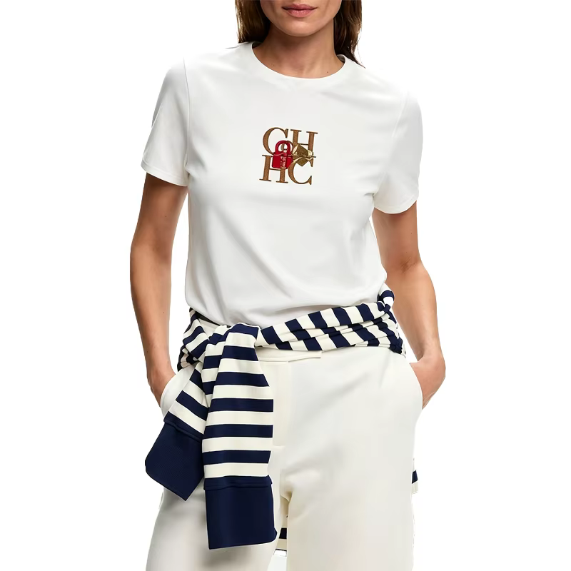T-shirt col rond pour femme CH, broderie lettre, manches courtes, coton doux, coupe ajustée, tenue quotidienne, hauts décontractés et tendance