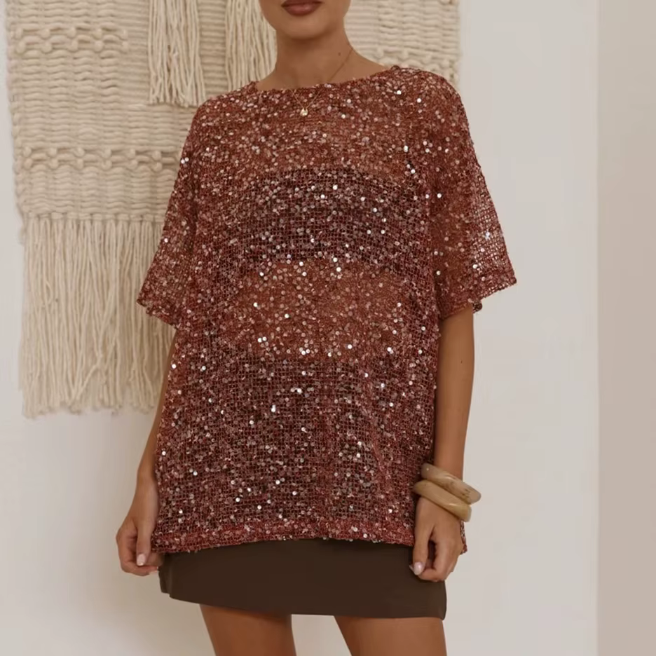 Hirigin T-shirt d'été à paillettes pour femme