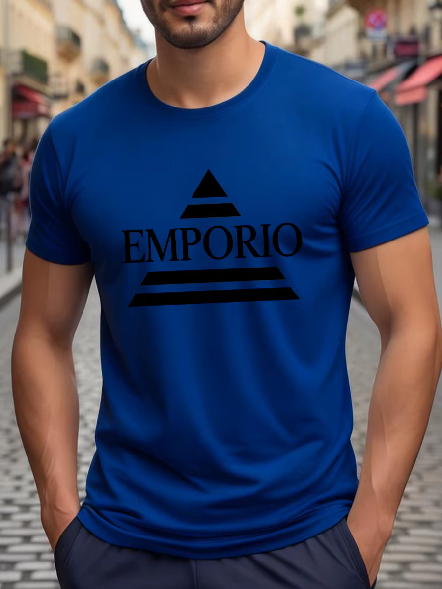 T-shirt blanc à col rond et manches courtes avec triangle noir et impression de lettres « EMPORIO »