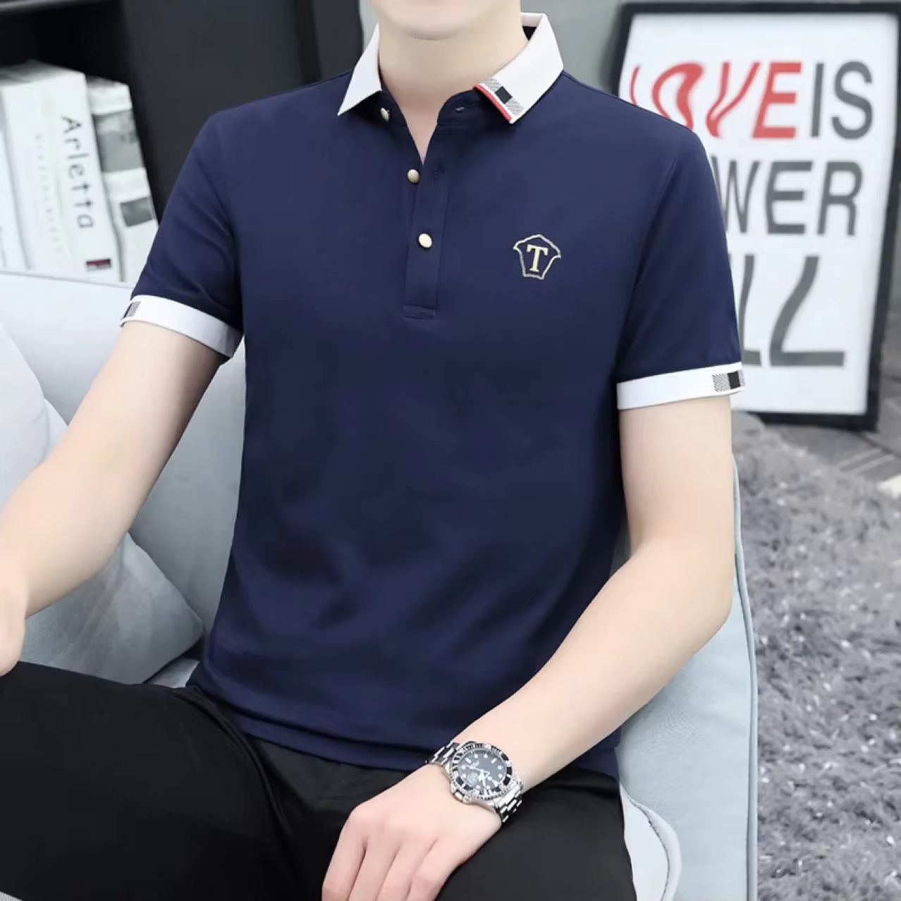 Polo d'été à manches mi-longues pour hommes, respirant, à revers fin, décontracté, pour affaires, pour père et fils, assorti