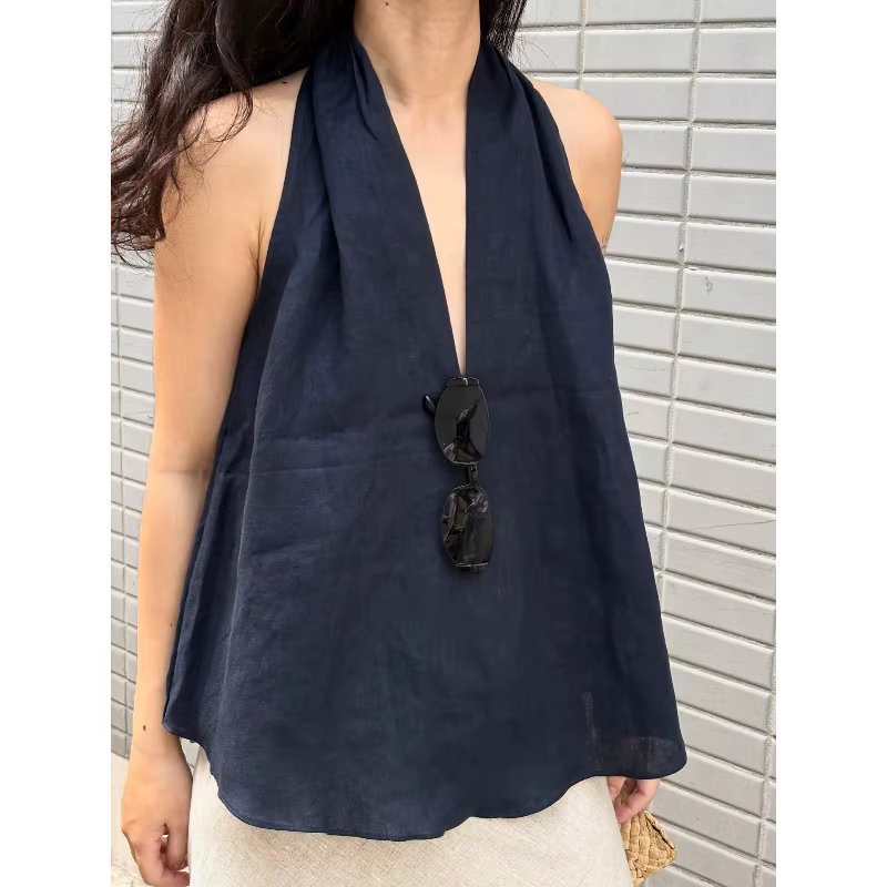 Débardeur Halter Chic Marine pour Femme – Top Décontracté Printemps à Col Plongeant et Lacets – Nouvelle Collection 2026