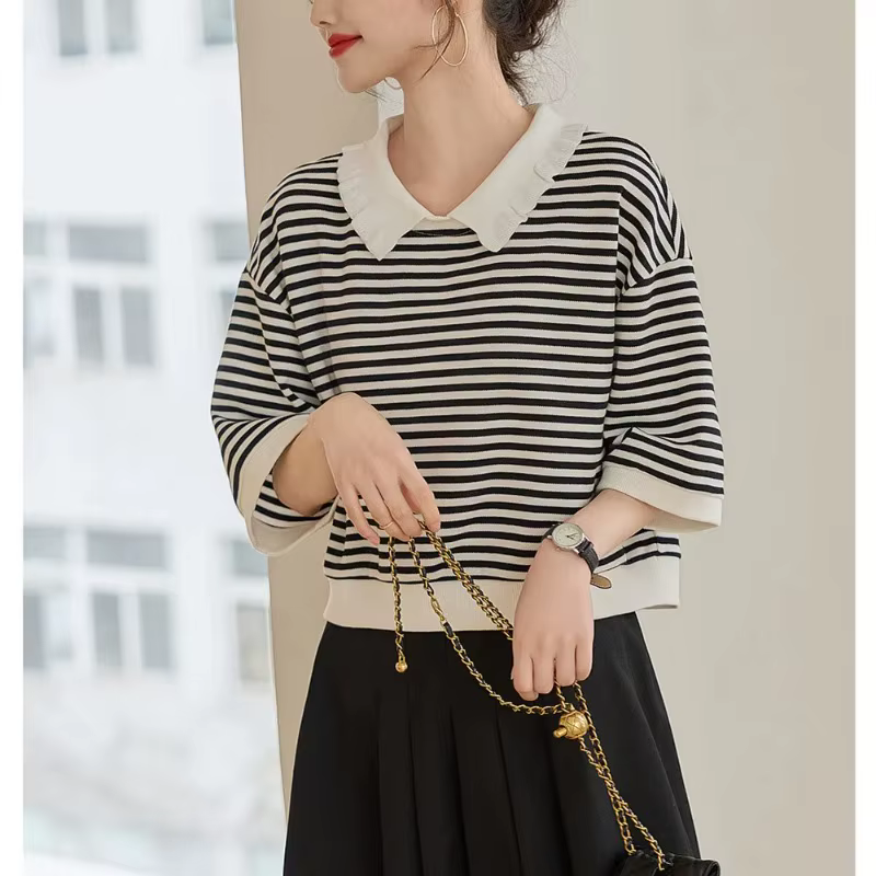 Polo rayé noir et blanc pour femme, manches 3/4, coupe ample, haut décontracté