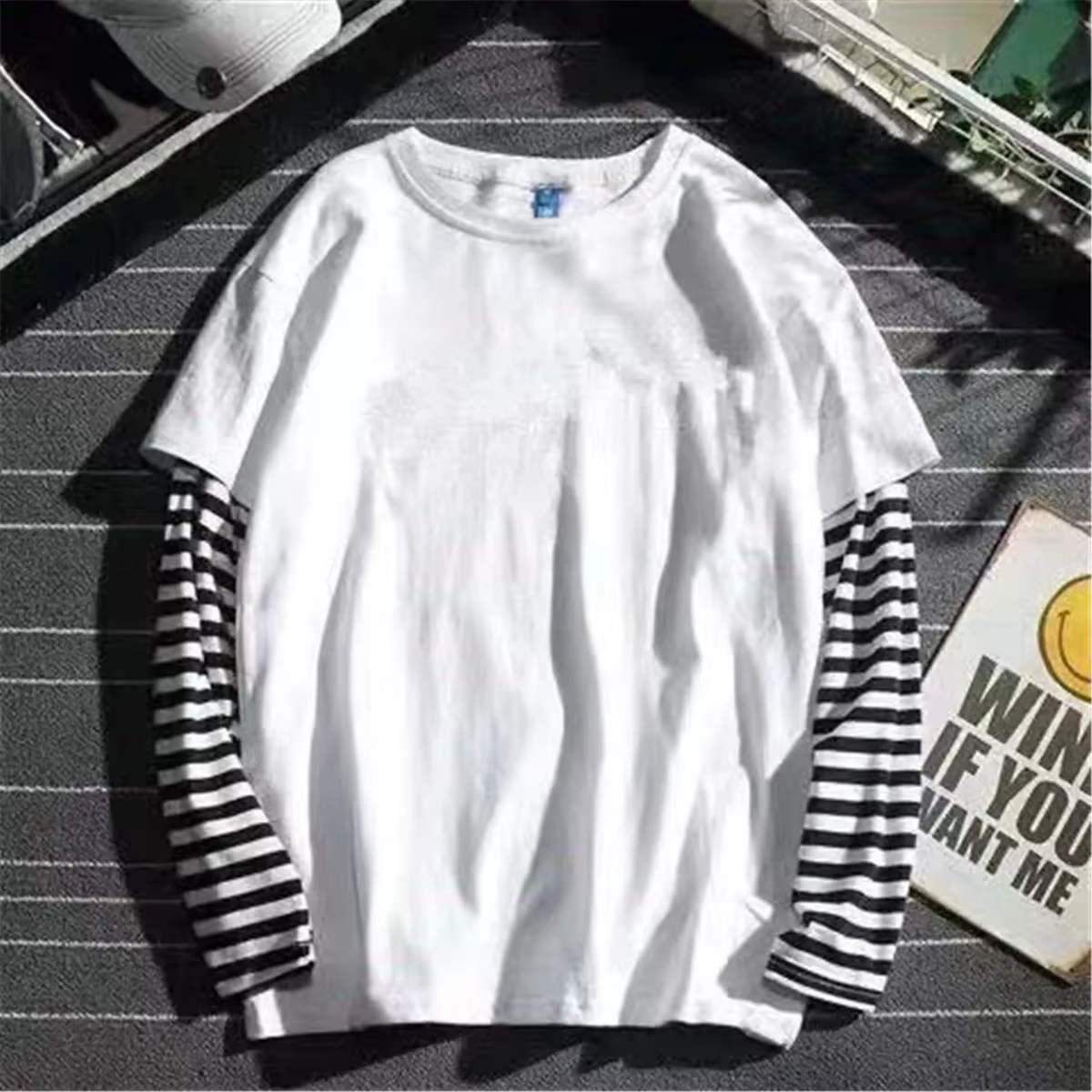 T-shirt patchwork rayé noir pour homme
