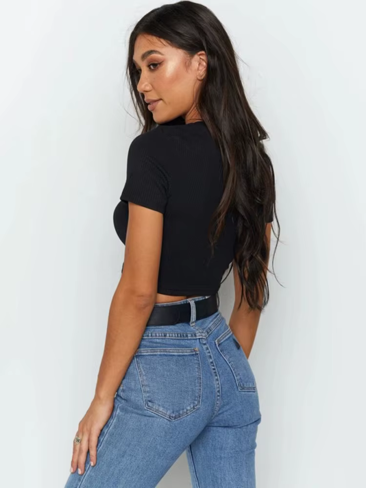 T-shirt manches courtes col rond femme, streetwear, basique, sexy, décontracté, blanc, noir, été