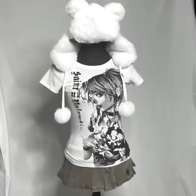 Y2k anime Streetwear col rond 90s texte impression hauts femmes Harajuku vêtements Simple Vintage T-shirt court