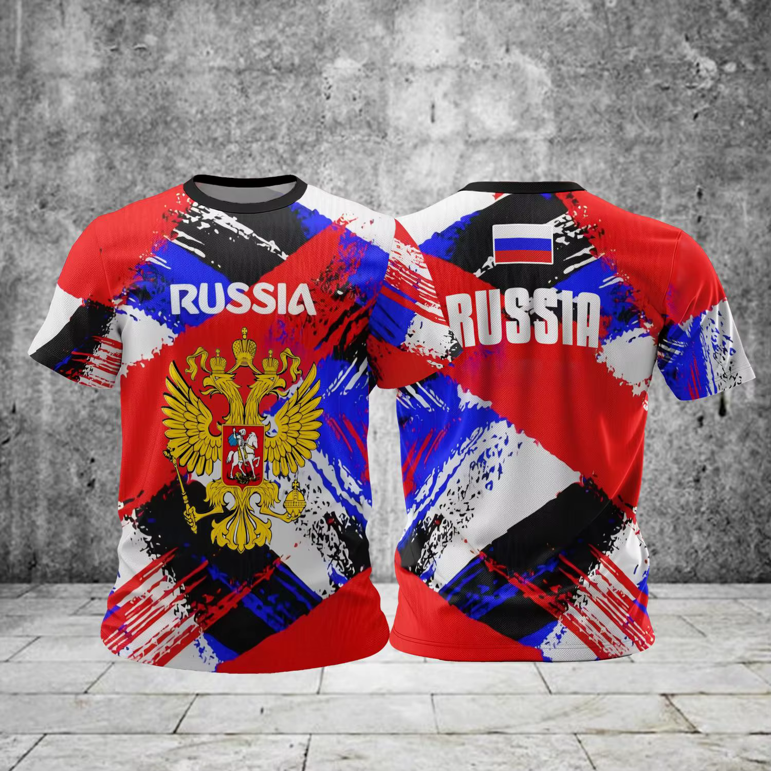 Russie hommes T-shirts décontracté ample col rond drapeau russe à manches courtes hauts