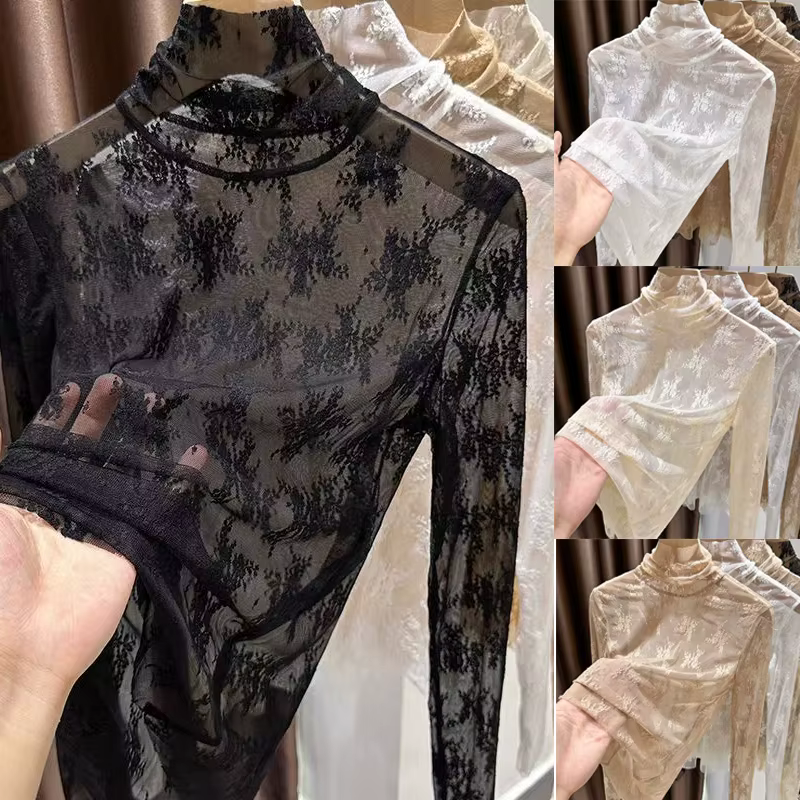 Femmes Sexy à manches longues dentelle Blouses col haut vêtements intérieurs
