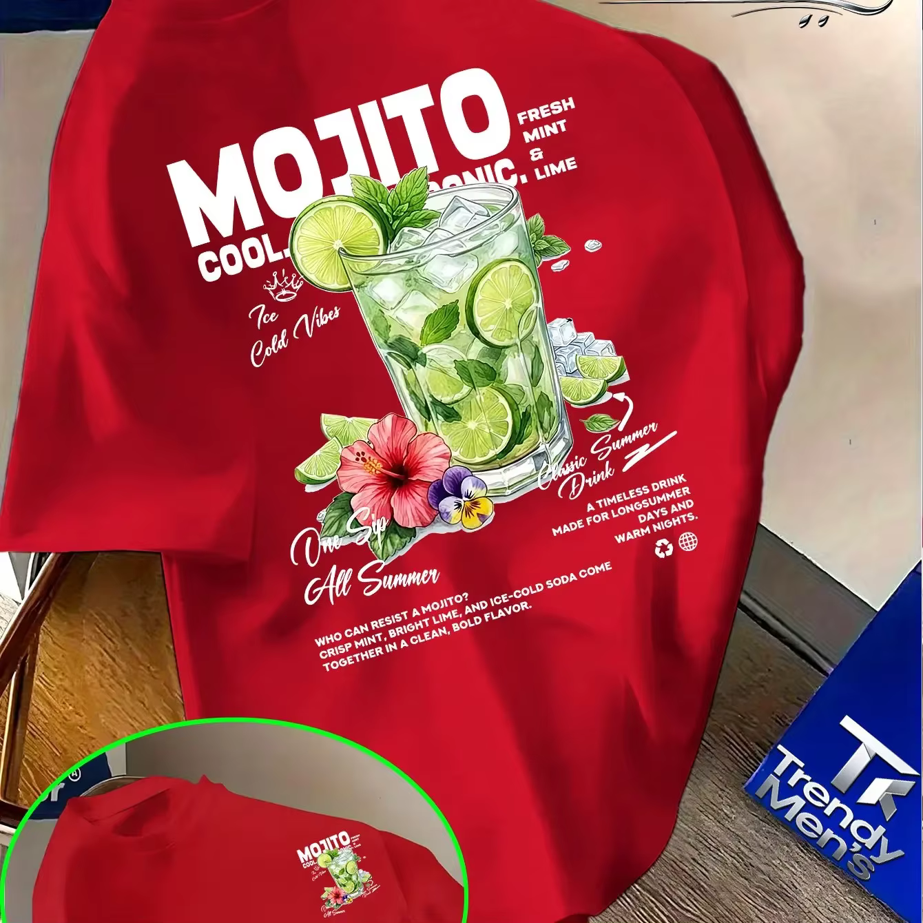 T-shirt pour homme en coton 100% avec imprimé de fleurs de citron vert Mojito