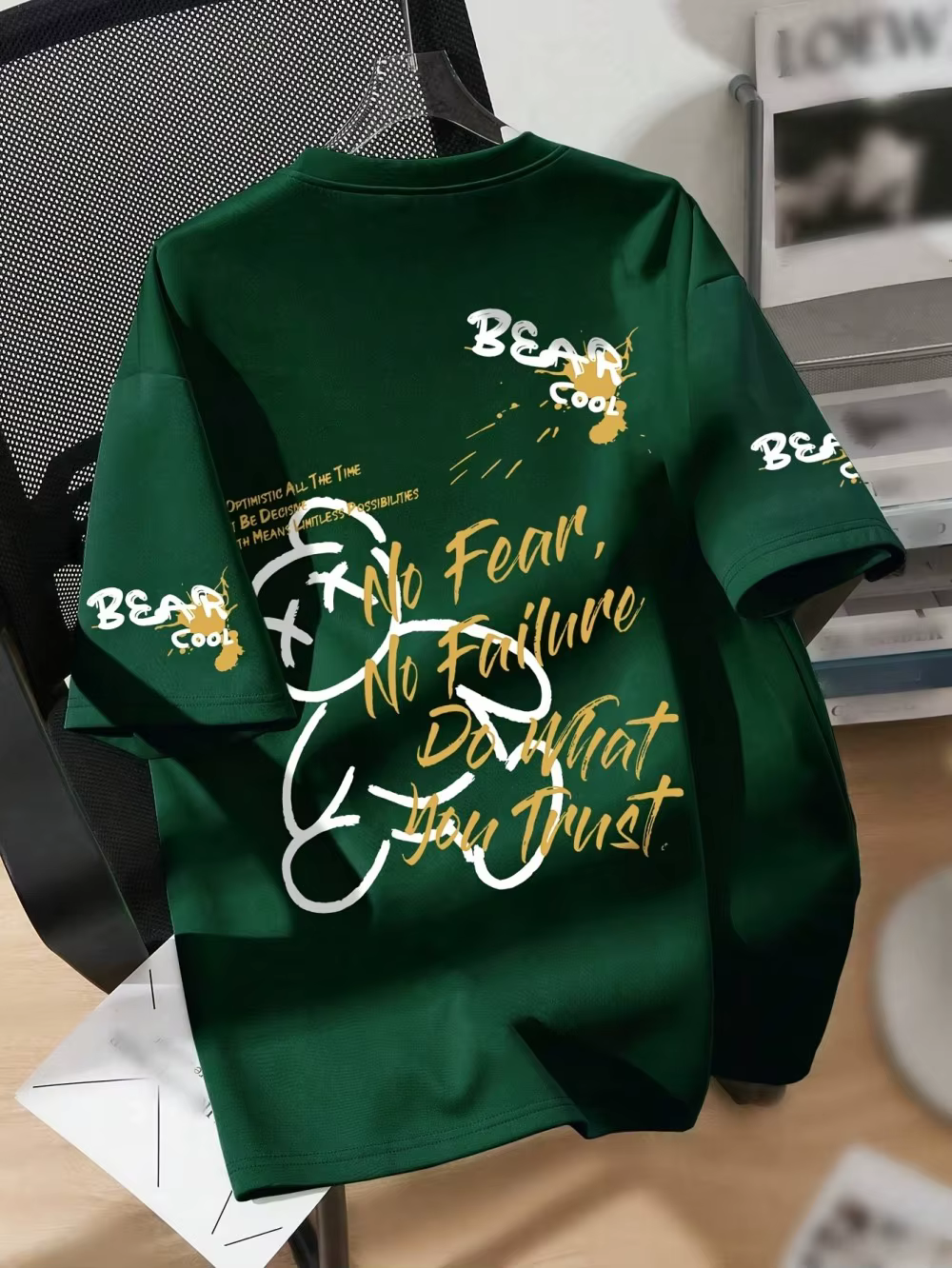 T-shirt d'été respirant pour homme à col rond avec imprimé ours de dessin animé