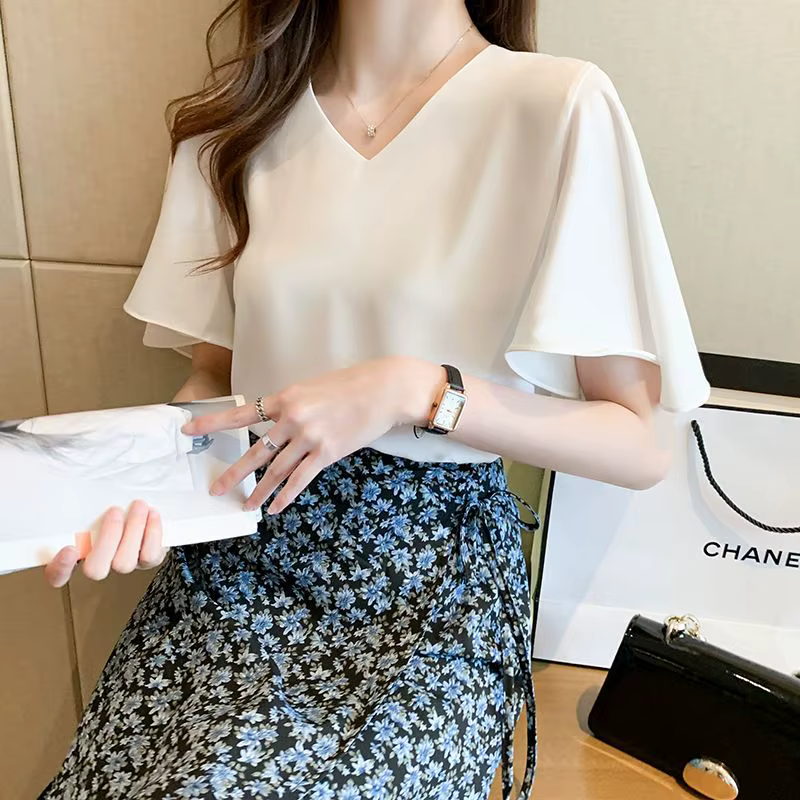 Chemisier Femme Col V Uni à Manches Papillon – Nouvelle Collection Été Décontractée Ample pour le Bureau