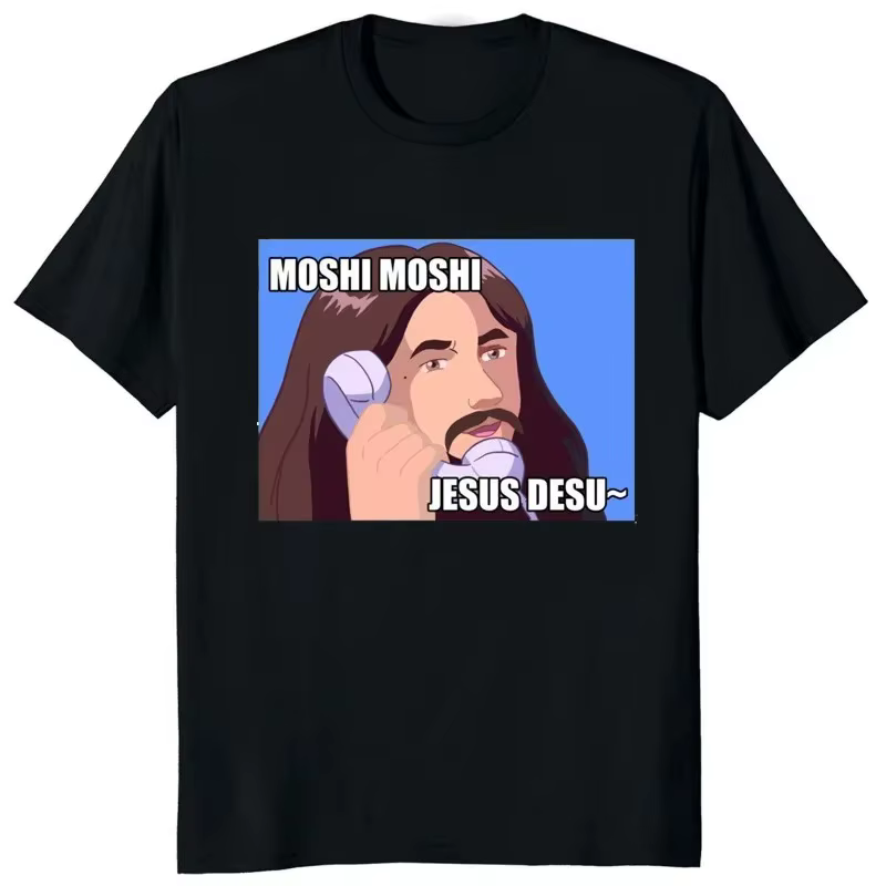 Moshi Moshi Jesus Desu T-shirt drôle pour hommes