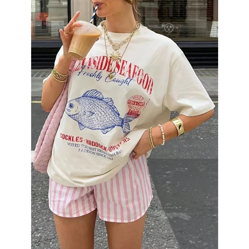 Fruits de mer graphique T-Shirt Grunge esthétique Streetwear t-shirts coton mode surdimensionné femmes Vintage
