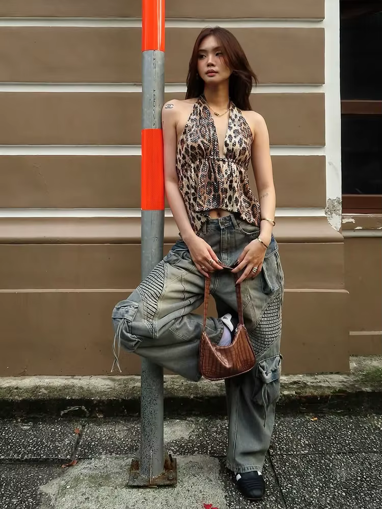 Nibber imprimé léopard paillettes femmes gilet dos nu licou col en v à lacets sans manches rue maigre sauvage été tendance polyvalent hauts