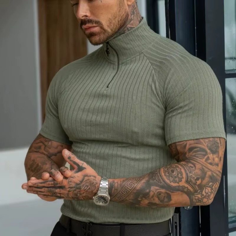 Polo élastique ajusté pour homme – T-shirt d'été tendance à col montant zippé