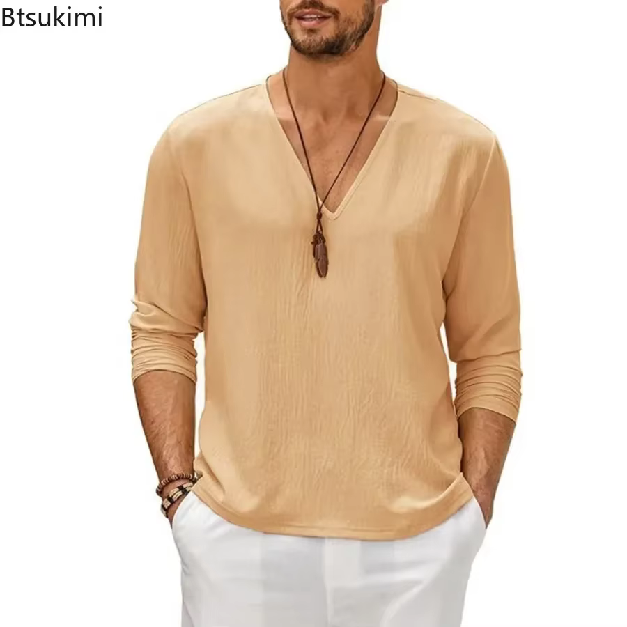 T-shirt à manches longues en coton et lin pour hommes