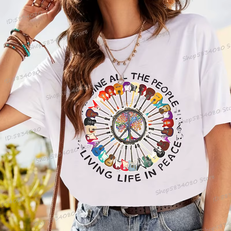 Imaginez toutes les gens vivre la vie dans la paix impression T-shirt femmes drôle guitare Beatles chanson lyrique