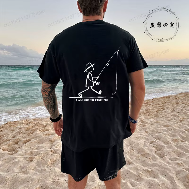 T-shirt graphique de pêche pour homme noir avec imprimé pêcheur devant et derrière – T-shirt d'été pour pêcheur – Hauts personnalisés pour homme