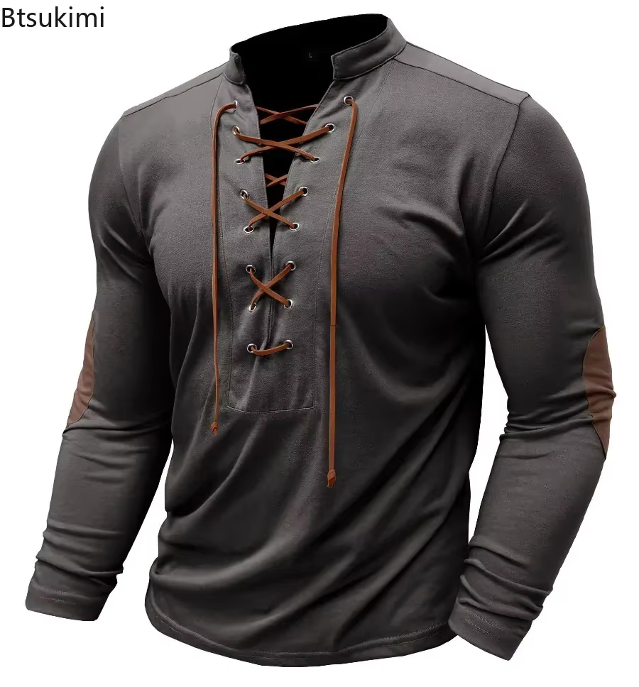 Nouveaux T-shirts Homme à Lacets Coupe Slim Col V Manches Longues Hauts de Sport Décontractés Uni Style Henley Mode Rétro Basiques