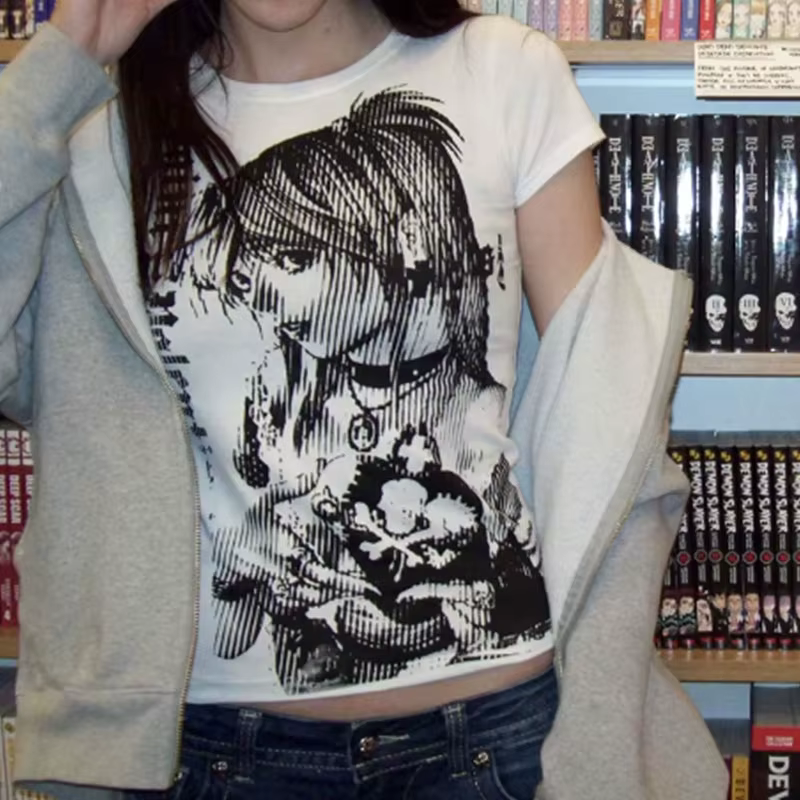 Y2k anime Streetwear col rond 90s texte impression hauts femmes Harajuku vêtements Simple Vintage T-shirt court