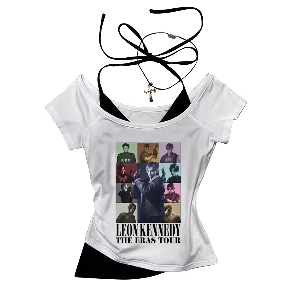 Leon Kennedy crop top vintage corset shoujo girl style harajuku summer cropped Aesthetic Slim Fit Cute teens tees