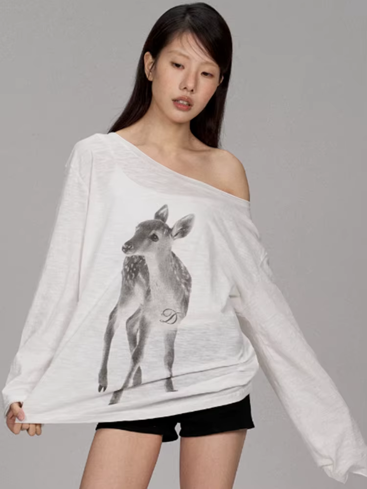 Protection solaire dessin animé impression T-shirt femmes Y2k esthétique col incliné décontracté