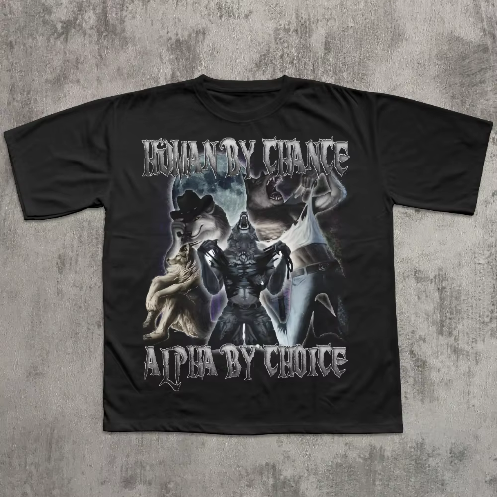 T-shirt drôle et ironique « Human By Chance Alpha By Choice » avec loup déchirant