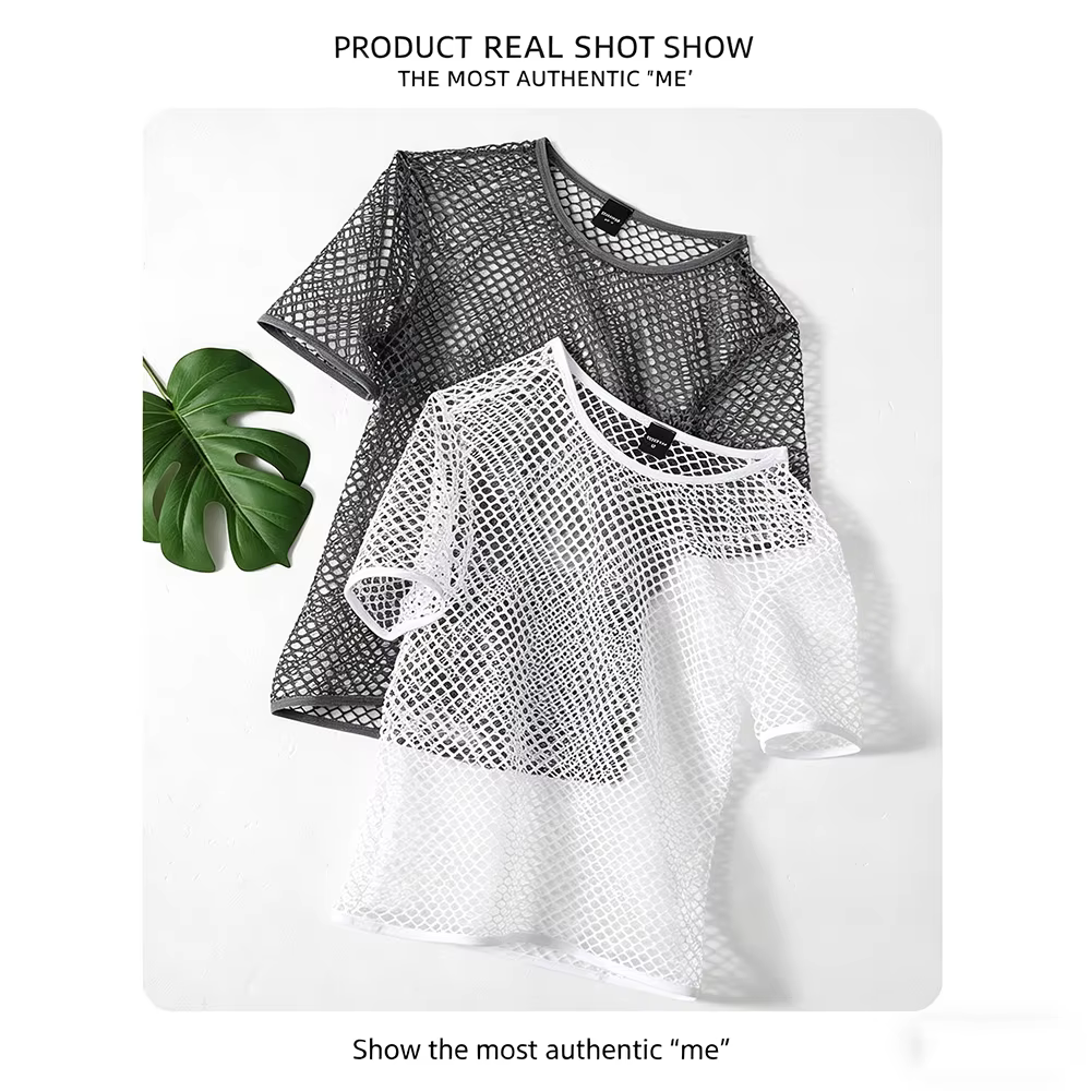 T-shirt Homme Transparent en Résille Sexy Style Streetwear Été
