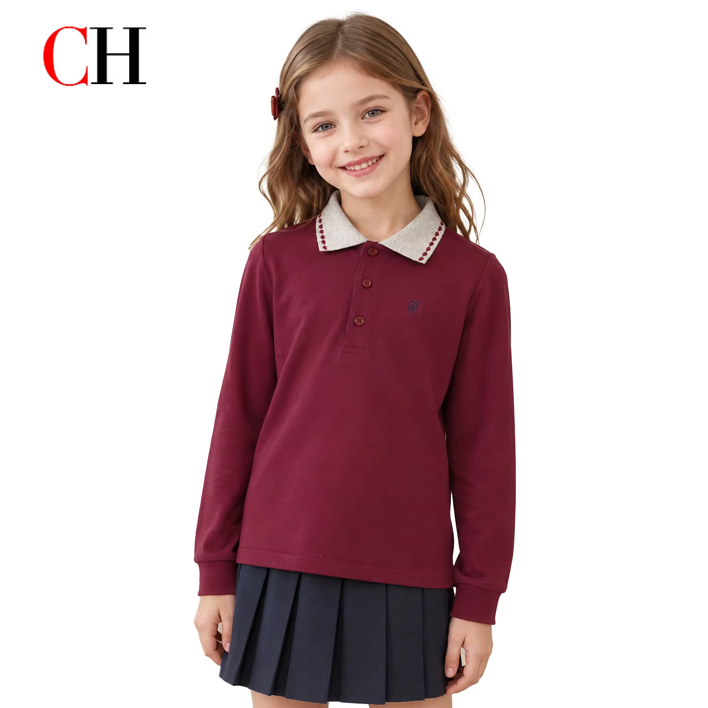 Polo à manches longues CH Bourgogne avec col gris contrastant brodé en coton doux pour enfants