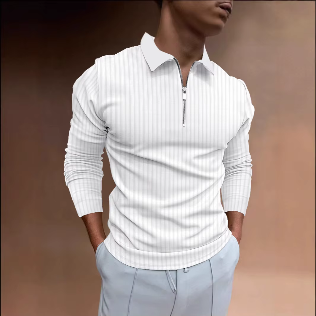 Polo pour hommes avec col, rayures, manches longues et fermeture éclair