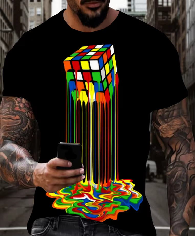 T-shirt pour homme avec un imprimé 3D rétro aux couleurs vives