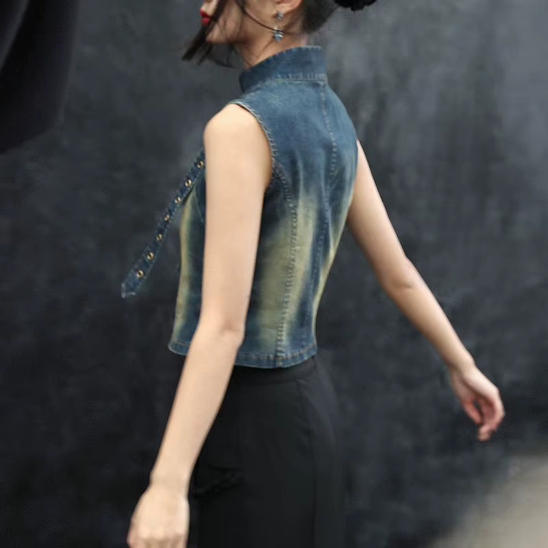 Haut en Denim pour femmes, nouveau T-shirt rétro d'été 2025, col montant, T-shirt court polyvalent à la taille