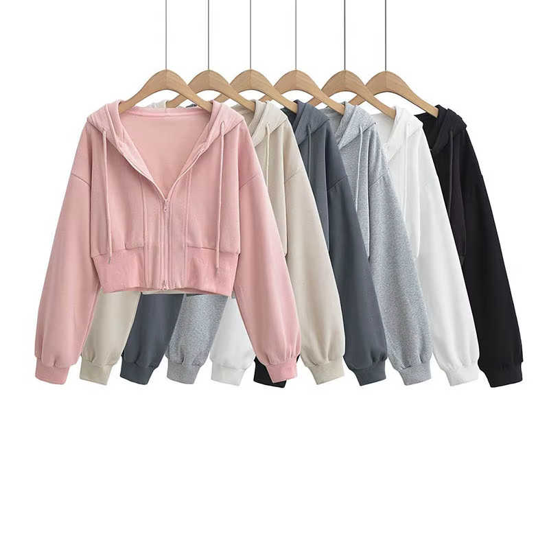 Sweat-shirt court à capuche double fermeture éclair pour femme