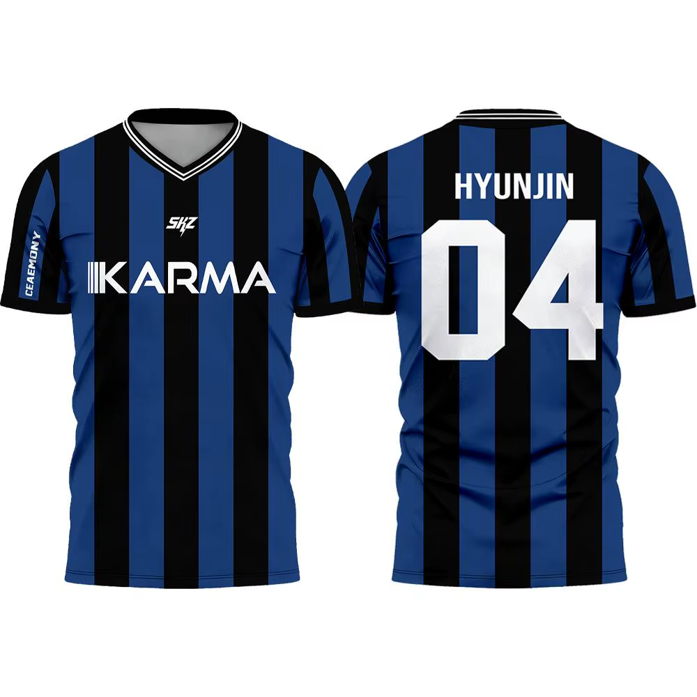 Maillot de football Karma SKZ Hyunjin, t-shirt adapté aux hommes et aux femmes, tissu 3D à séchage rapide, vêtements d'entraînement sportifs d'été en plein air