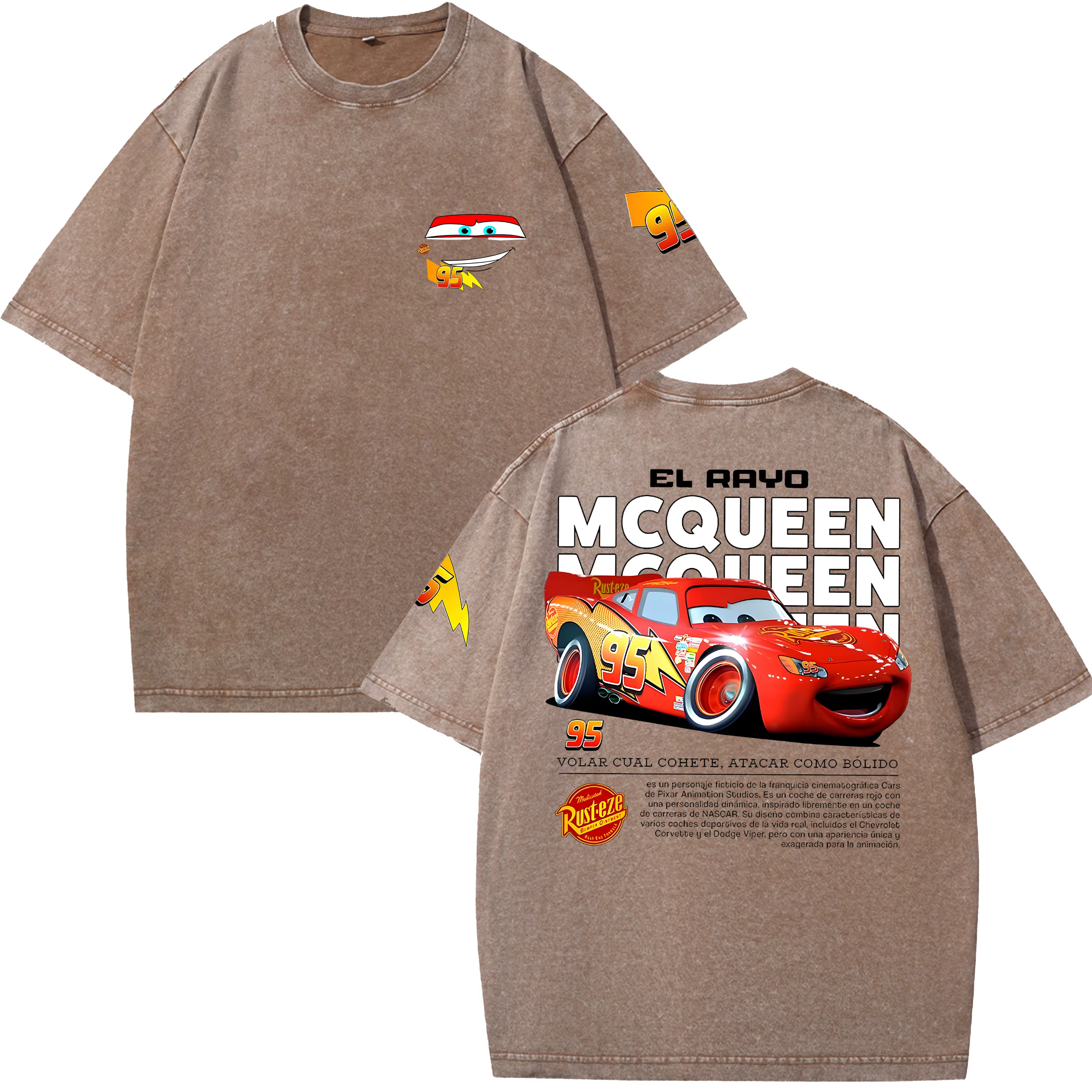 T-shirt Rétro Lightning McQueen Effet Délavé Homme et Femme Coupe Oversize Manches Courtes Motif Voiture Dessin Animé