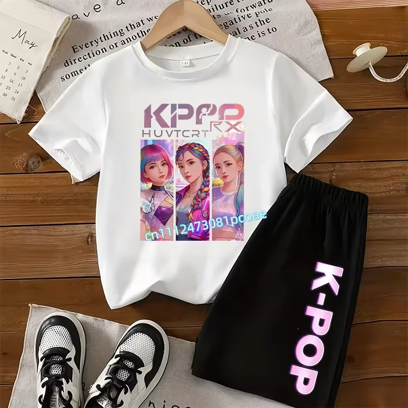 Ensemble en coton à manches courtes pour enfants K-POP - T-shirt de sport pour filles avec imprimé de dessin animé, haut décontracté, t-shirt d'été, ensemble 2 pièces