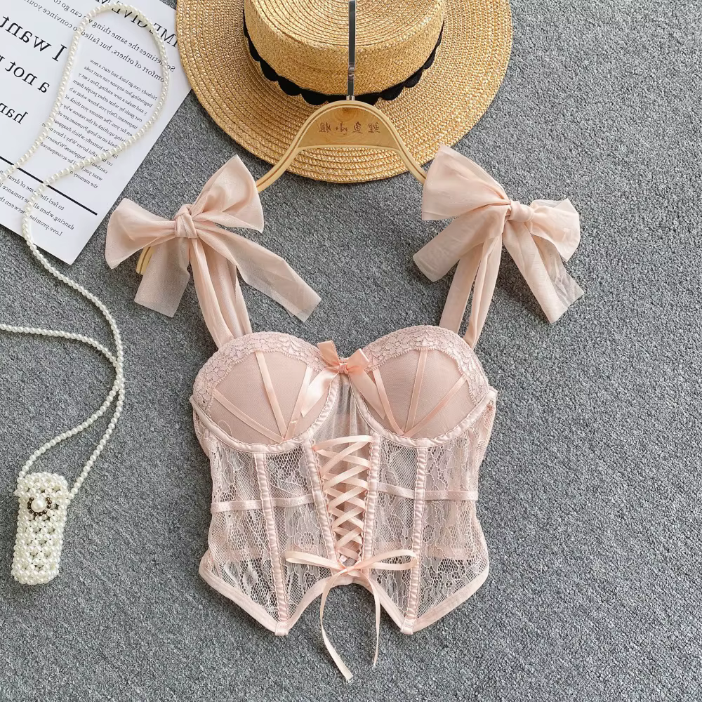 Spaghetti sangle débardeur pour femmes sans bretelles intégré soutien-gorge dentelle patchwork Tulle nœud Camis été