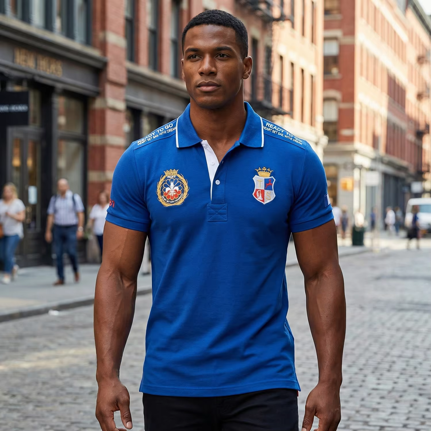 Polo homme France manches courtes Royal loisirs sport fête coton brodé avec fente contraste couleur original
