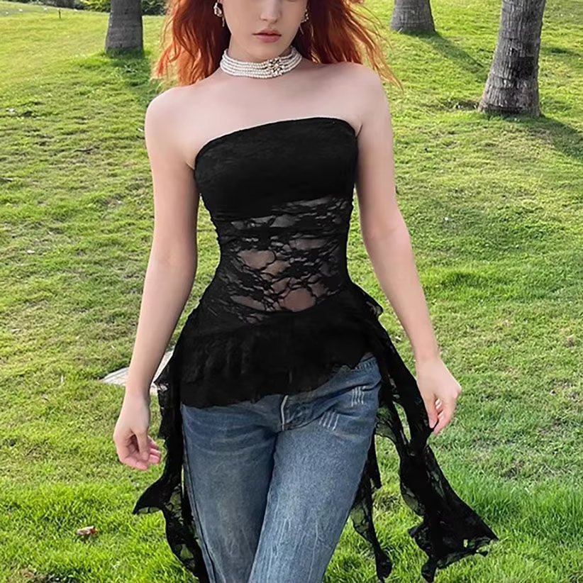 Doux Sexy Irrégulier Asymétrique Mince Débardeur Y2k Harajuku Dentelle T-shirt Femmes Noir Blanc Hauts À Volants Mignon Top Corset À La Mode Nouveau