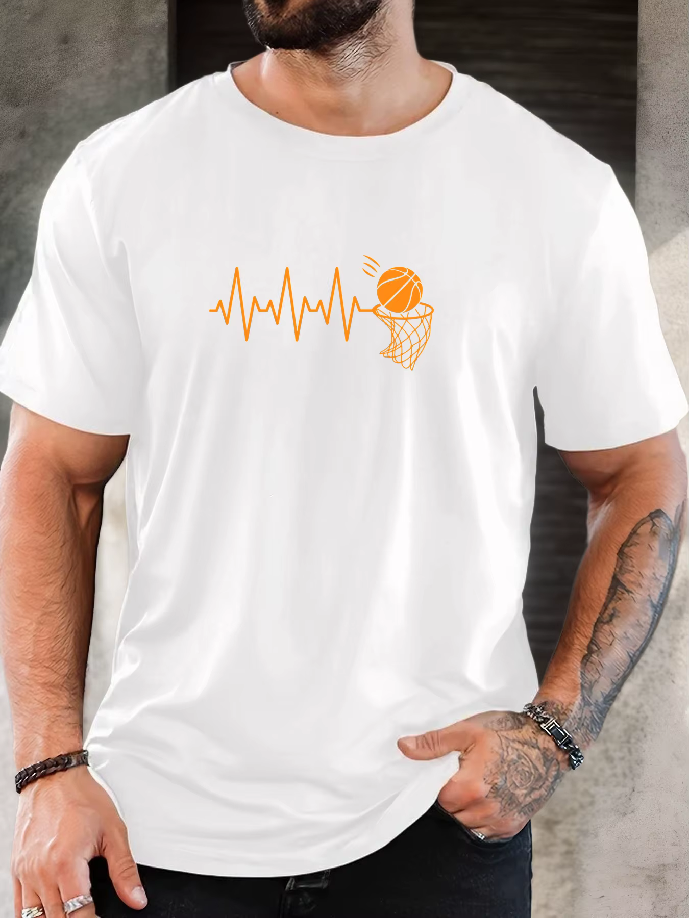 T-Shirt homme 2025 nouveauté sport basket-ball graphique battement de coeur ligne & cerceau imprimé Orange haut élégant quotidien décontracté