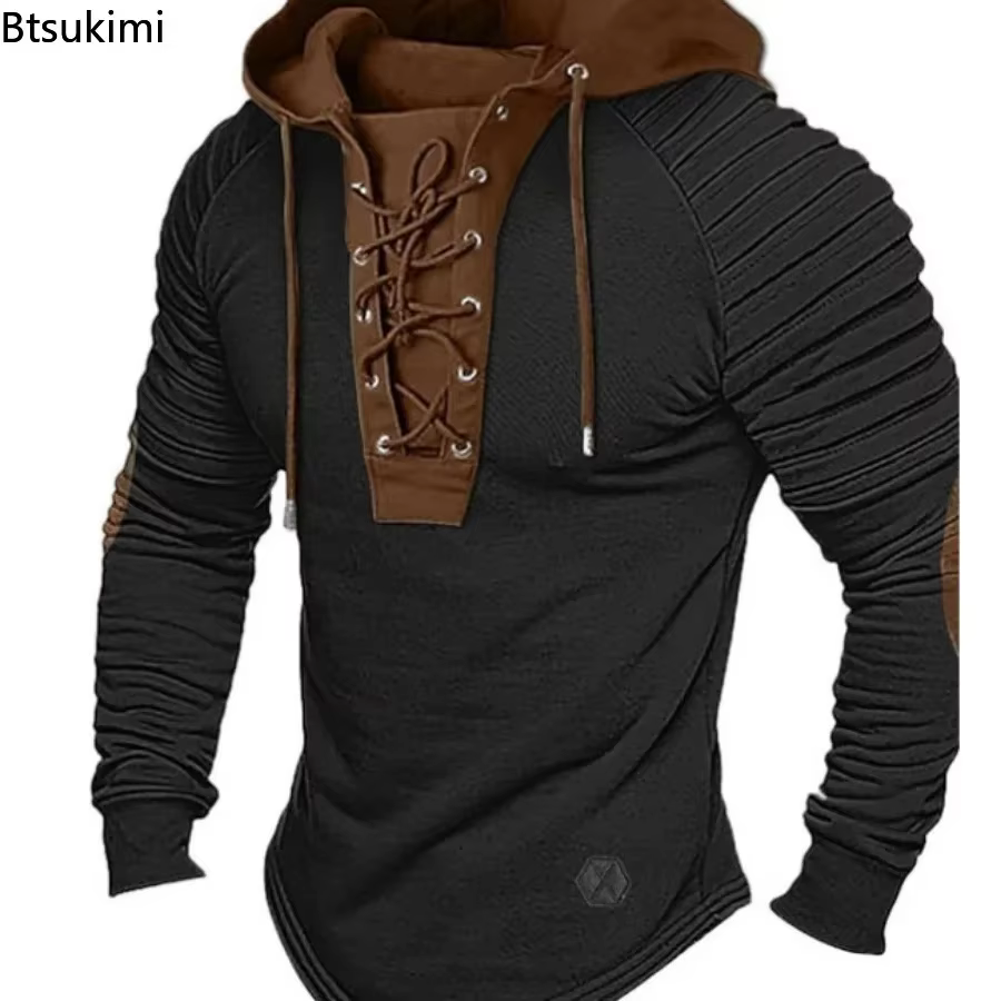 Sweat à capuche vintage pour homme 2026 avec cordon de serrage et épaules plissées – Haut quotidien doux