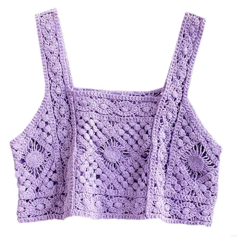 Femmes Crochet Sans Manches Récolte pour Débardeur Rétro Tricot Plaid Col Carré Pull 6XDA