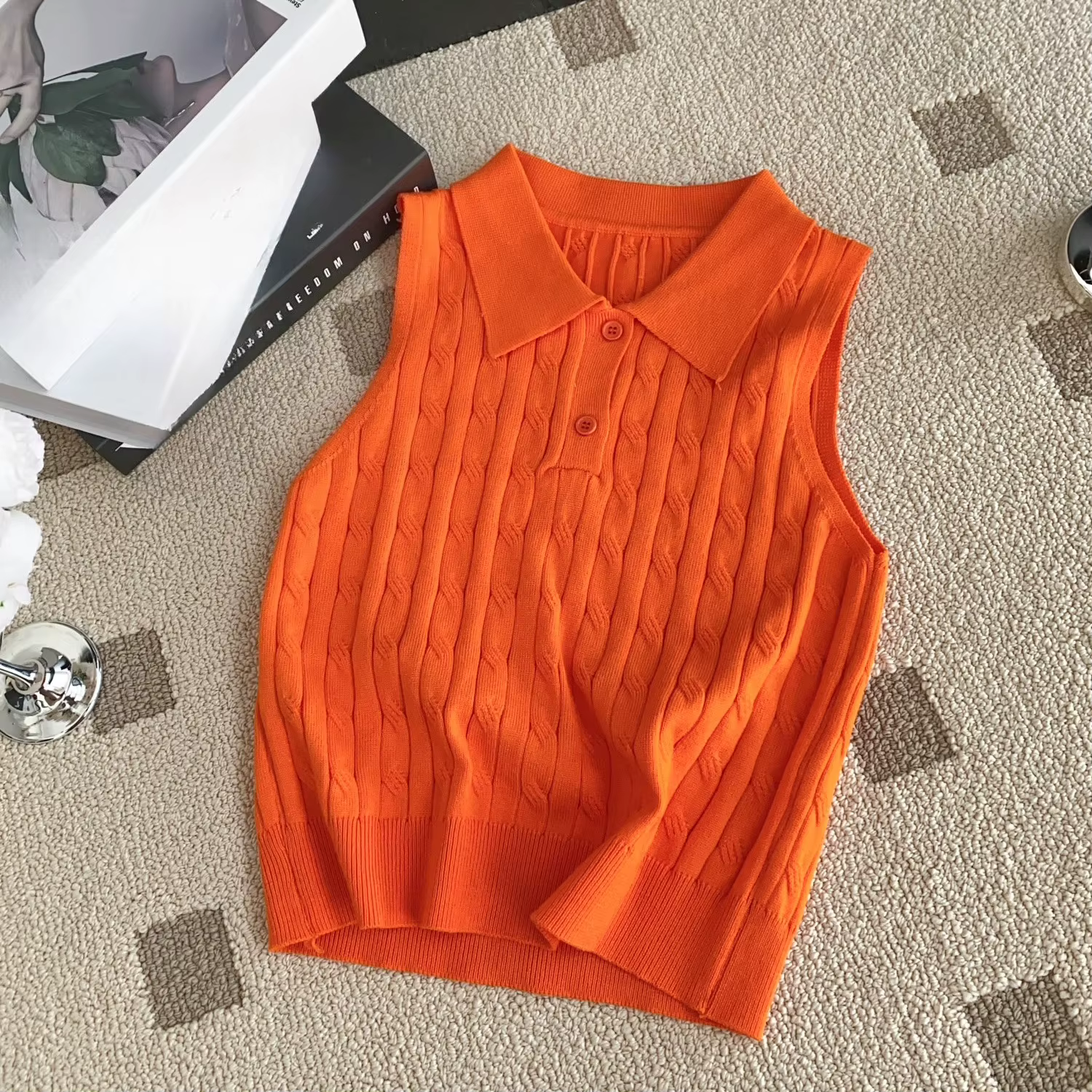 REALEFT été col Polo femmes tricoté T-shirts 2025 nouveau solide sans manches boutons tricots décontracté mince débardeurs femme