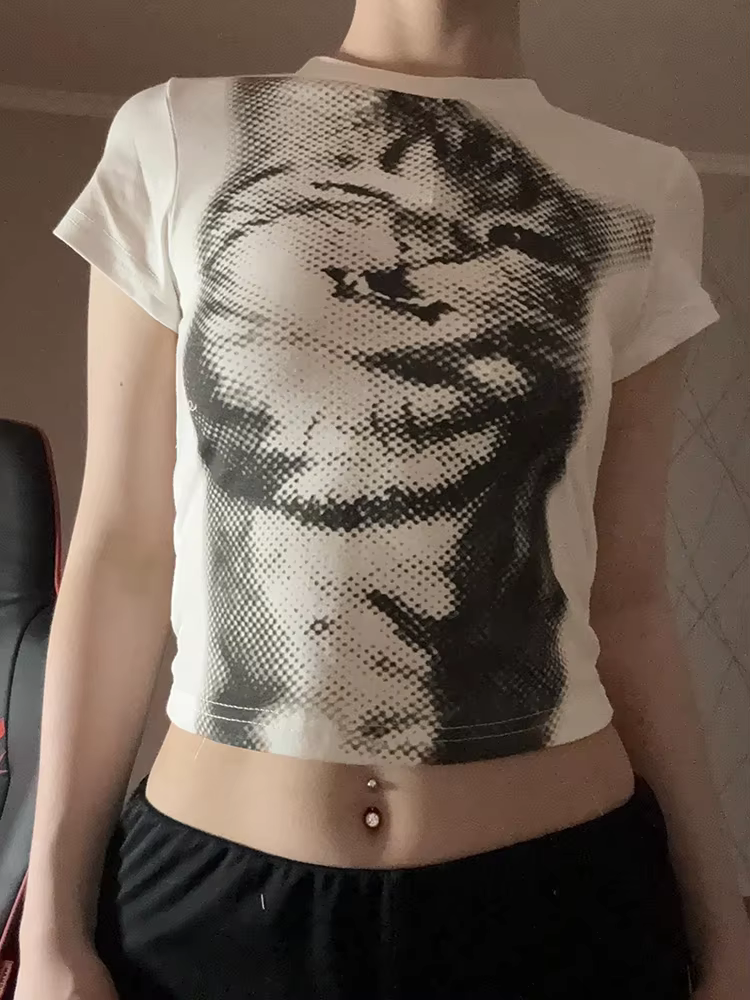 Harajuku Animal imprimé haut court basique blanc à manches courtes col rond T-shirt femmes décontracté mince t-shirts dame y2k Vintage