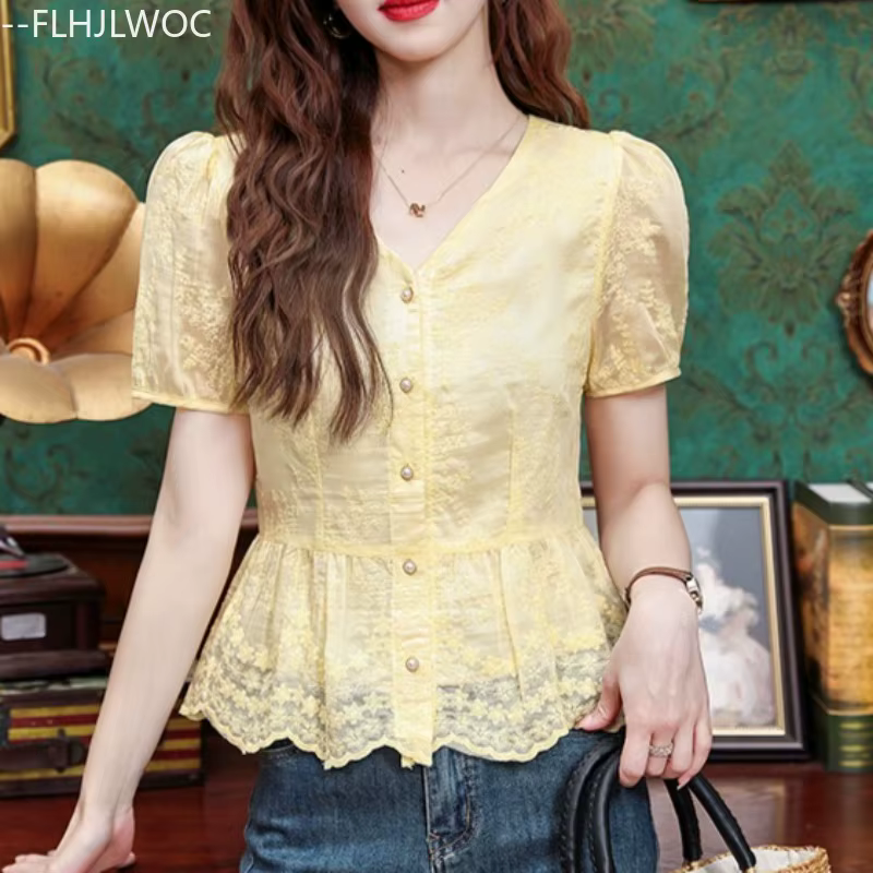 Peplum hauts chemisiers nouvelle mode femmes été à manches courtes mignon doux filles broderie dentelle rétro Vintage haut bouton chemises
